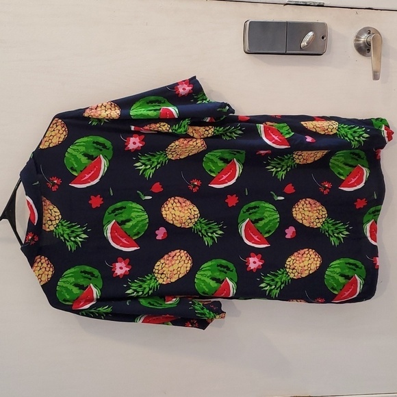 Up On Navy Bright Colorful Fruit & Flower Hawaiian Style Button Down Shirt XL - Picture 3 of 6